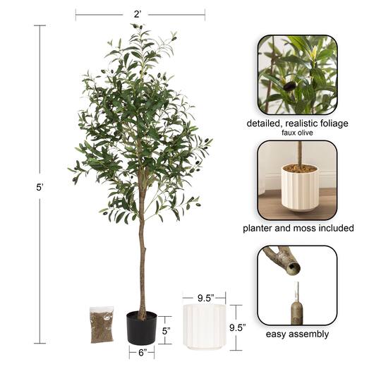 Kate and Laurel 5ft. Green Oliveira Faux Olive Tree with White Planter